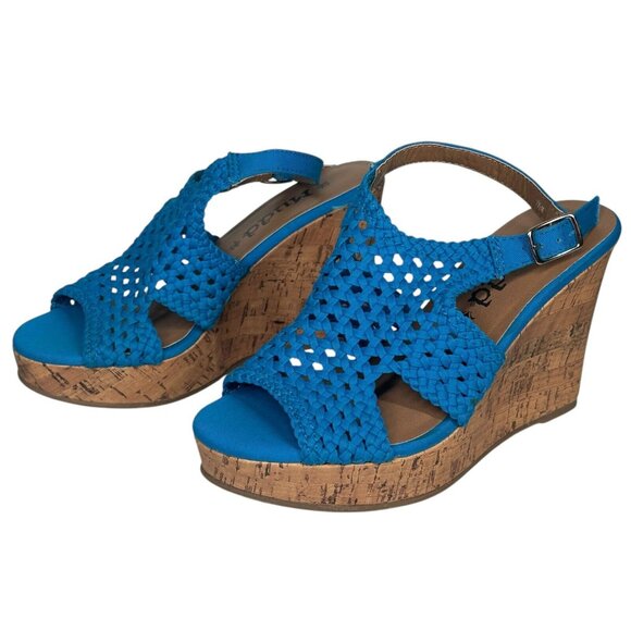 Mudd Peep-Toe Blue Platform Cork Wedge Sandals Womens Boho US Size 7.5 M - Picture 2 of 10